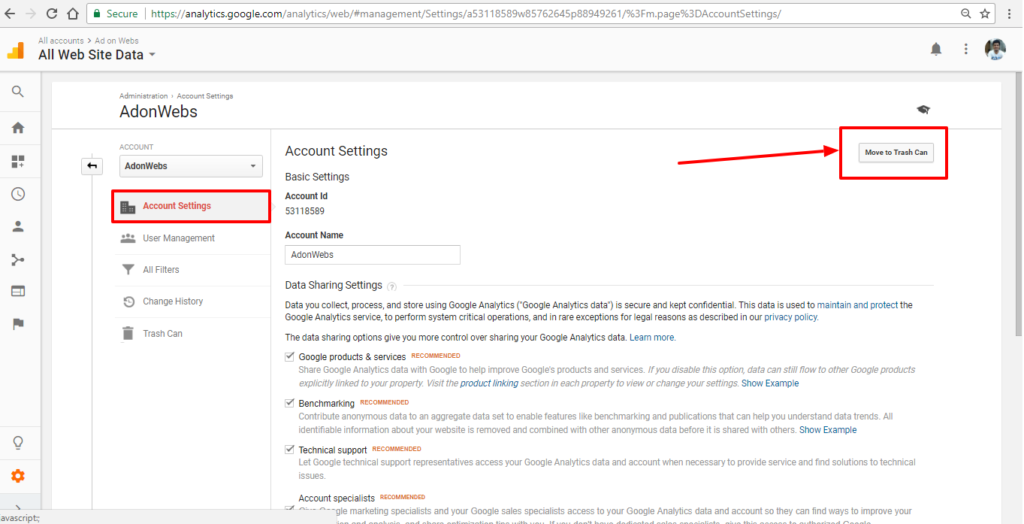 click on google analytics account setting