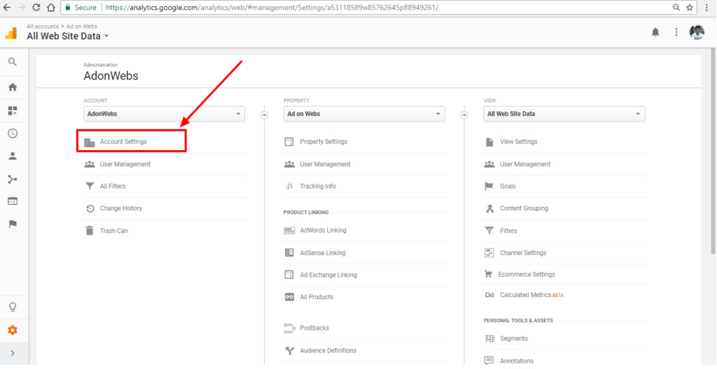 click on google analytics admin tab