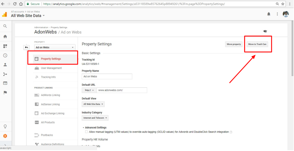 click on trash to delete google analytics property